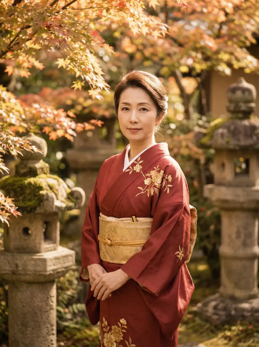 一位身穿暗红色和服的优雅 五月天堂五 在日式庭院中