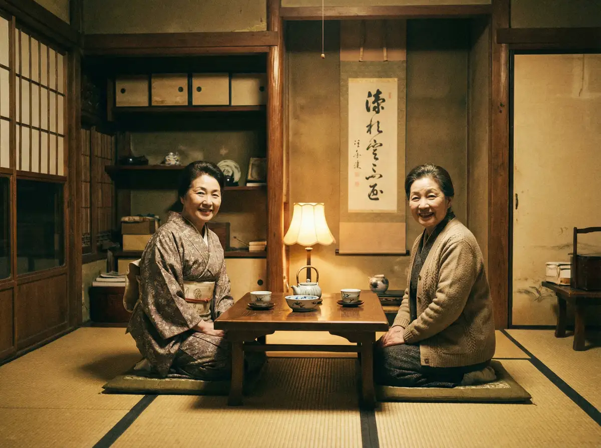 两位优雅的 五月天堂五 在日式茶室中品茶交谈